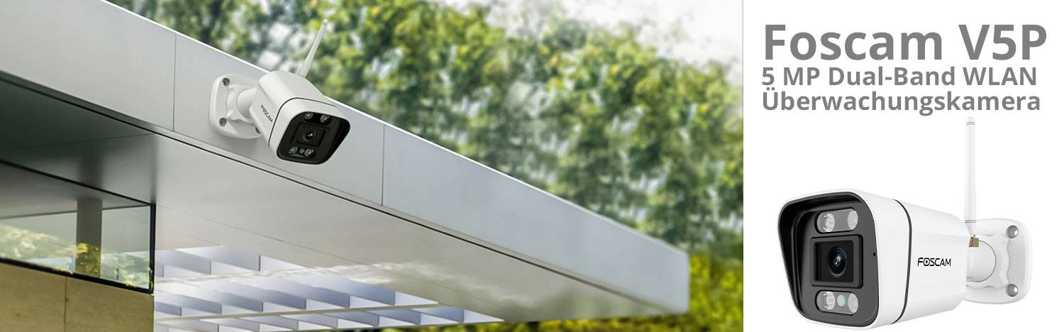 'Foscam V5P: 5 MP Dual-Band Wi-Fi Security Camera, Mounted on Modern Building.'