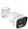 White surveillance camera with lens and LED lights, mounted on a wall bracket. The camera has a wireless antenna.