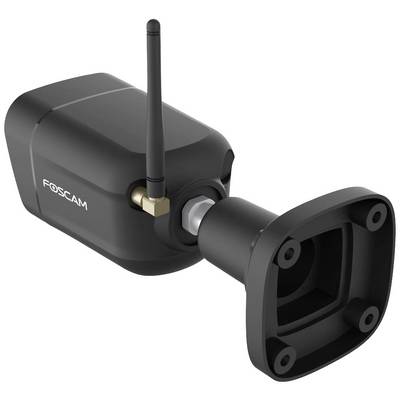 Surveillance camera with a removable wall mount and antenna. The camera is black and branded with the name 'Foscam'.
