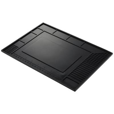 A black, rectangular silicone dismantling mat with various compartments and grids for organising tools and small components.