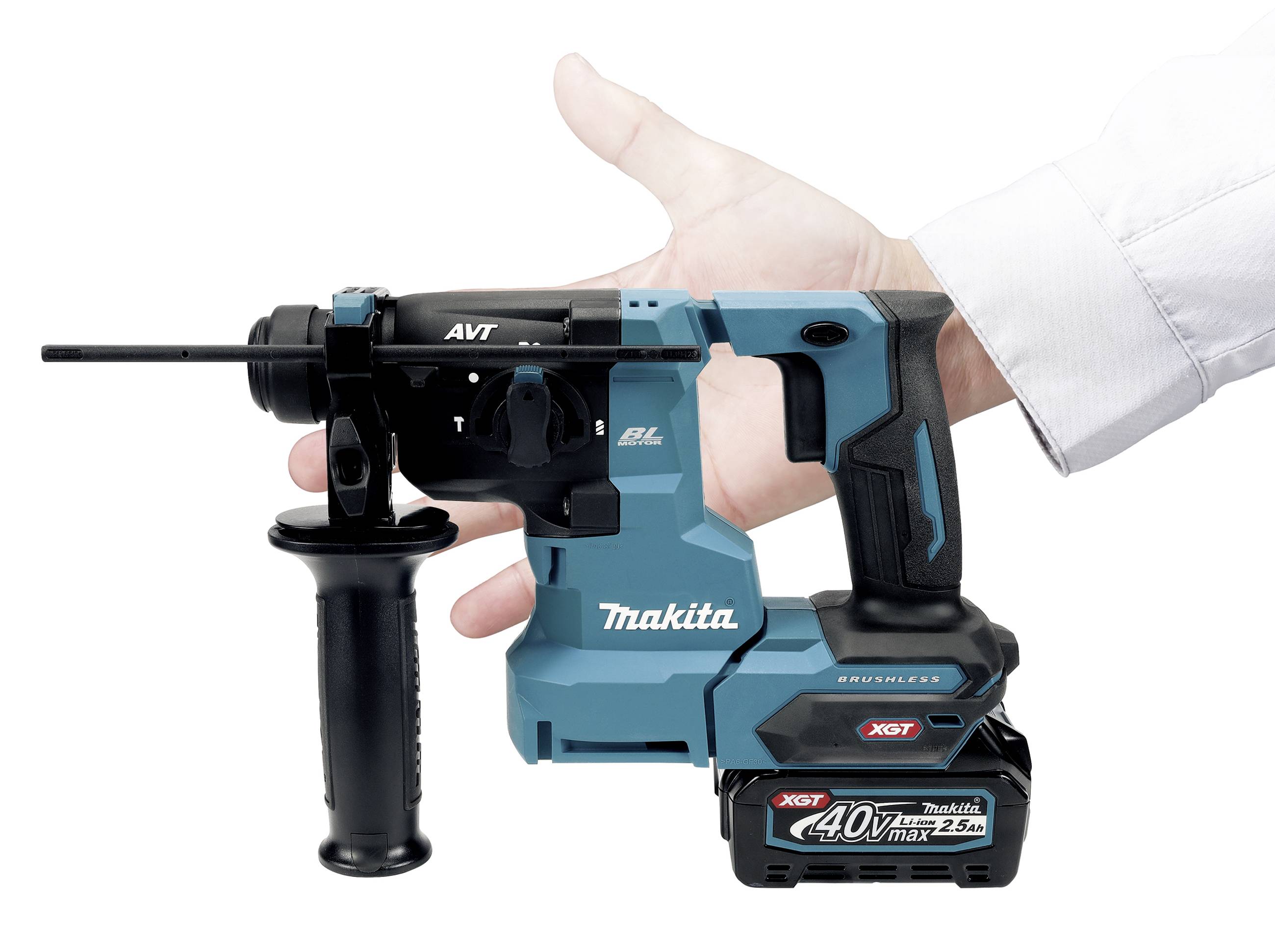 A hand is holding a blue, cordless Makita drill hammer with a black grip and a 40V battery.