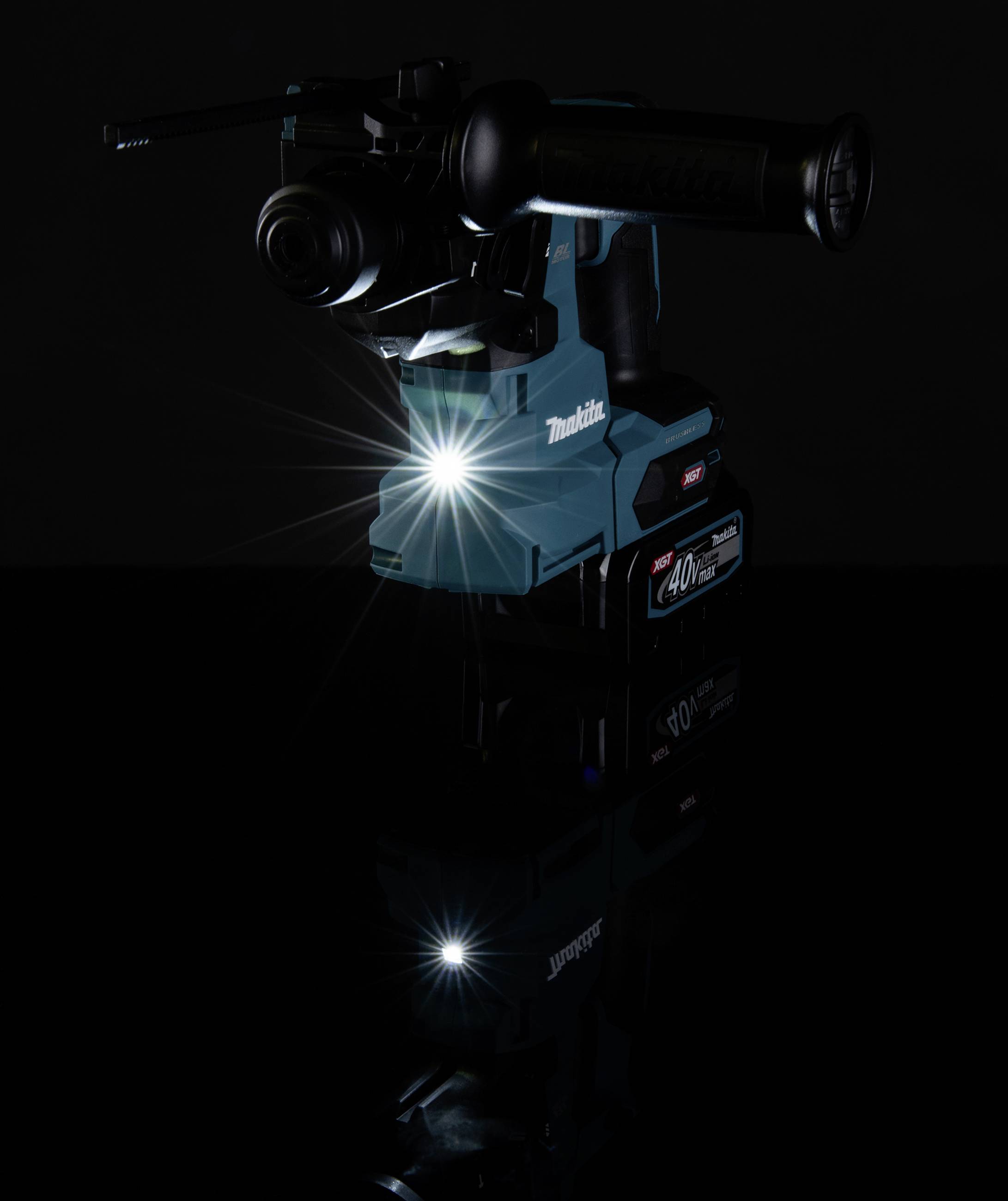 A blue cordless hammer drill with an illuminating LED at its base, set against a black background, demonstrates its lighting feature.