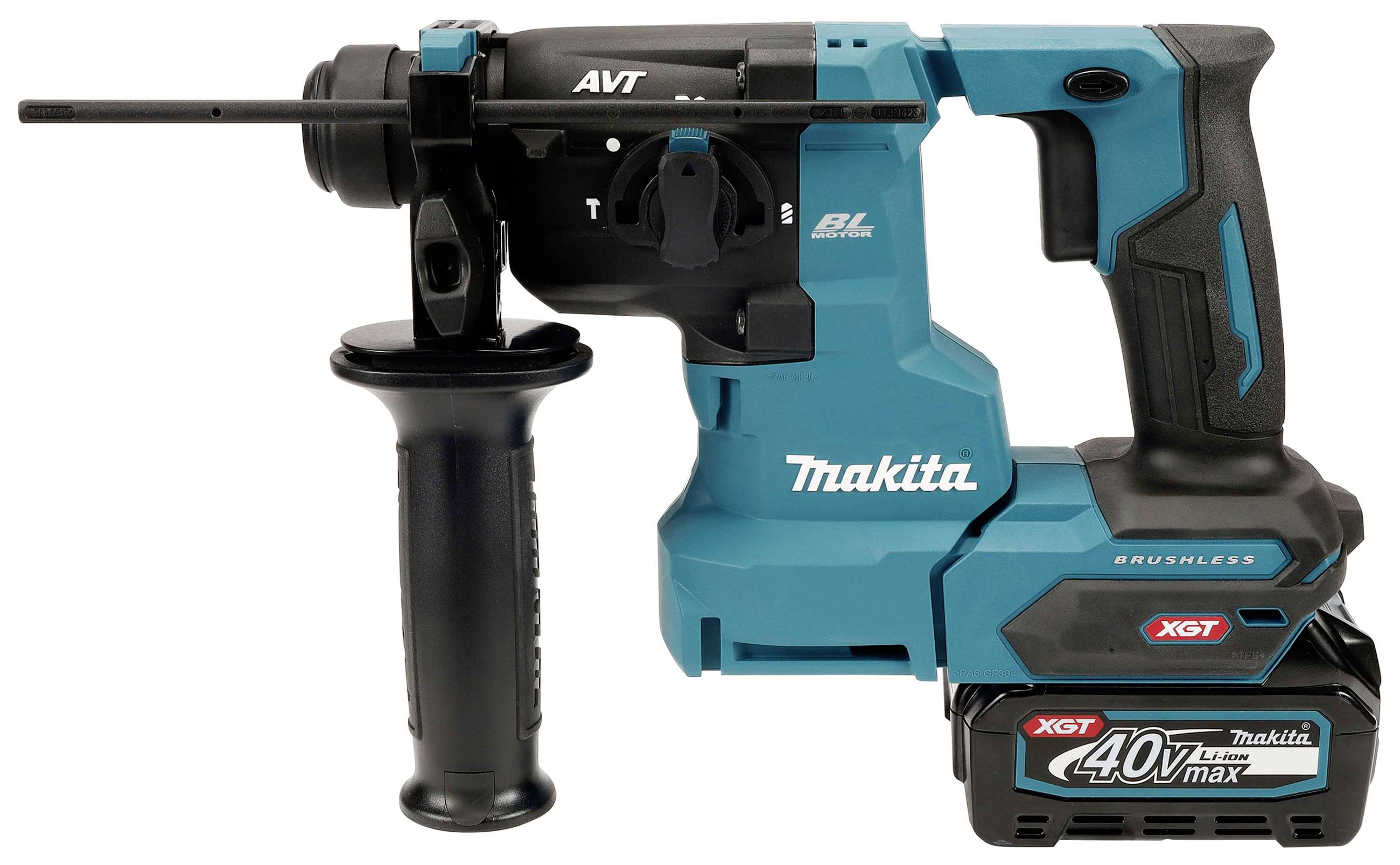 A blue, cordless Makita hammer drill with a 40V Max battery and a side handle.