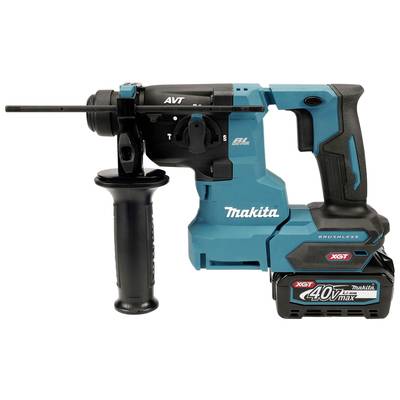 A blue, cordless Makita hammer drill with a 40V Max battery and a side handle.