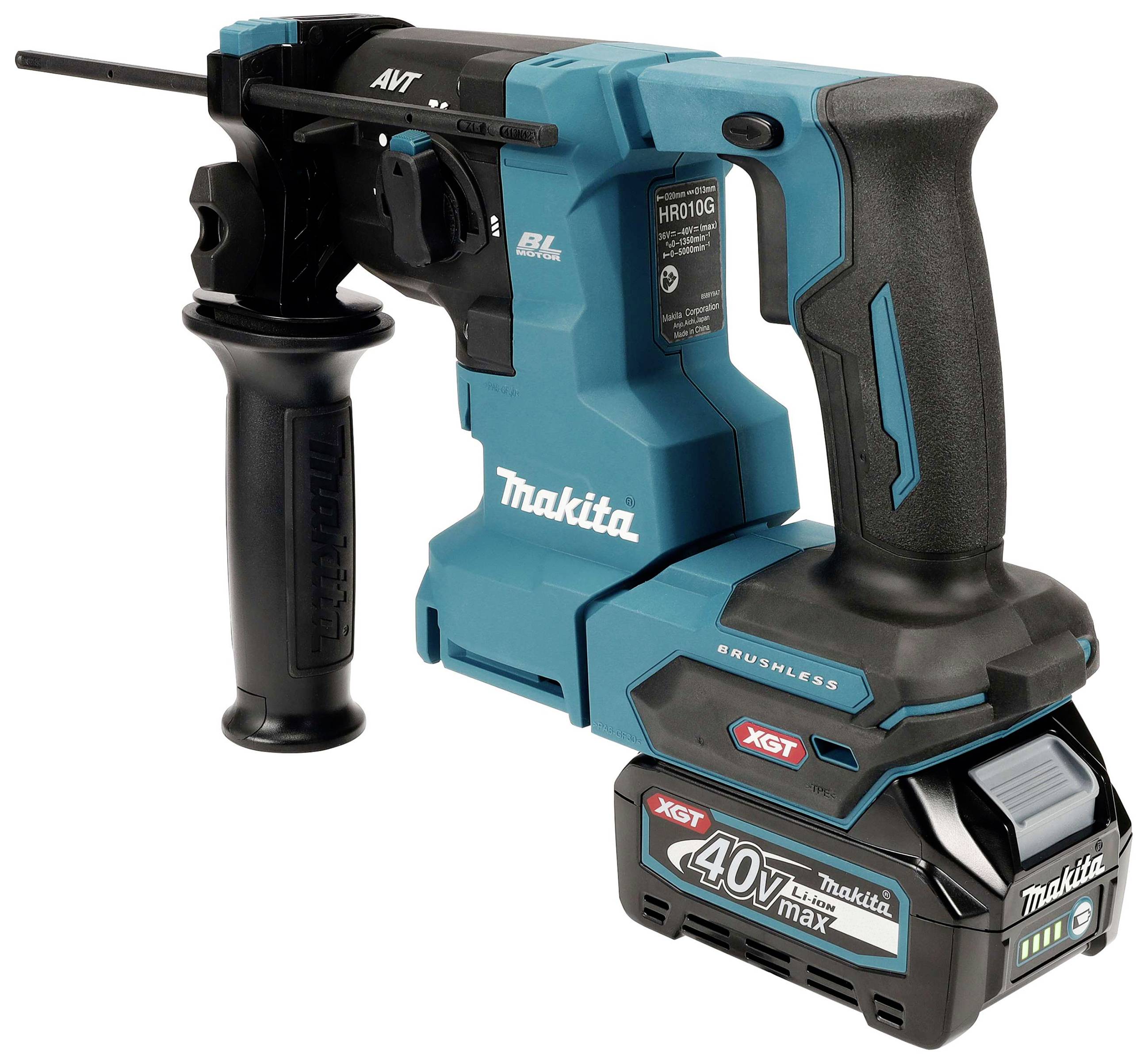 Cordless hammer drill in blue-black by Makita, model XGT 40V max, with ergonomic handle and auxiliary handle.