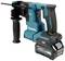 Cordless hammer drill in blue-black by Makita, model XGT 40V max, with ergonomic handle and auxiliary handle.