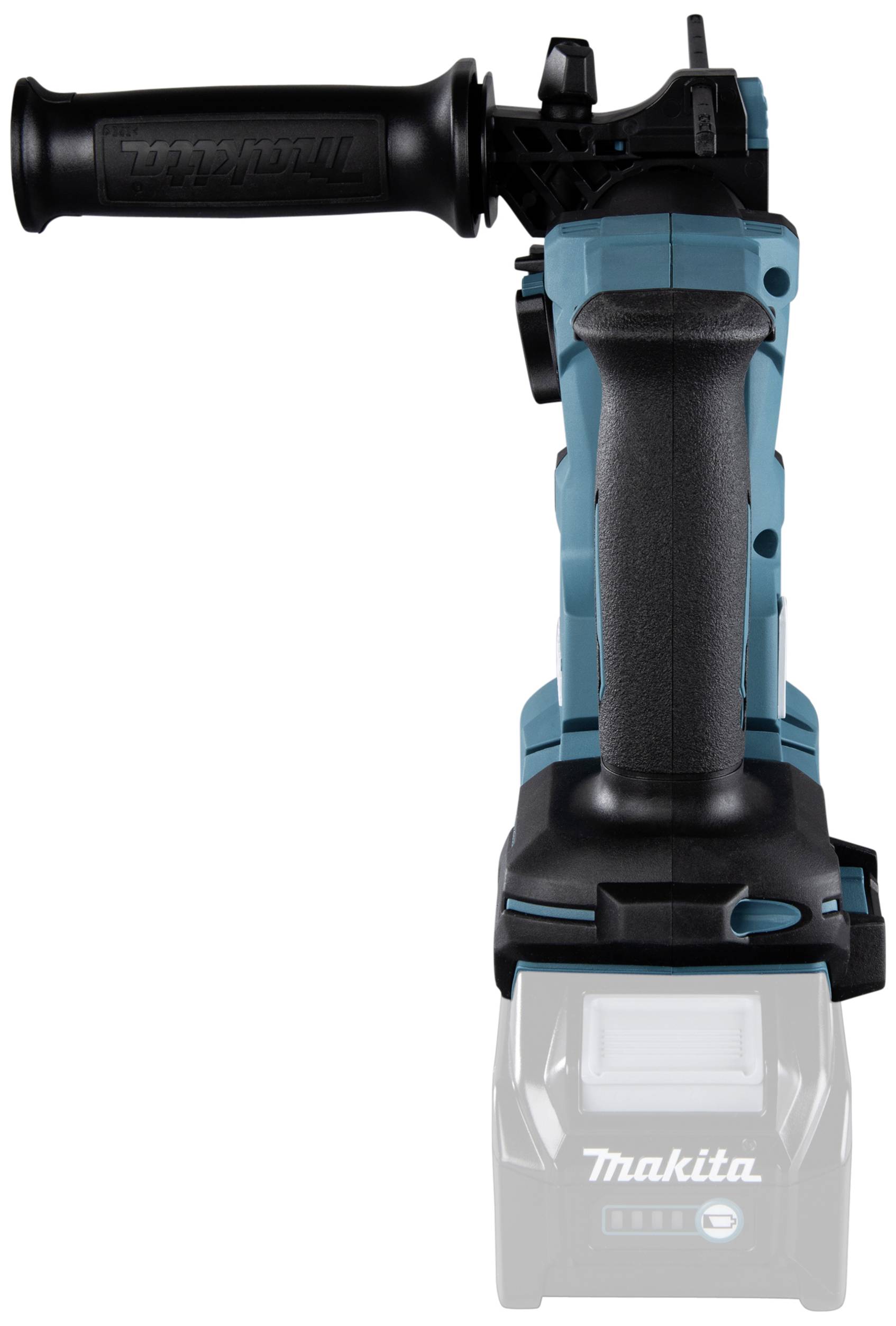 Cordless angle grinder in blue, viewed from the front, focusing on the handle and switch, with manufacturer's name visible at the bottom.