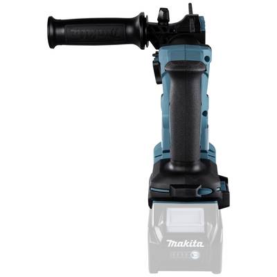 Cordless angle grinder in blue, viewed from the front, focusing on the handle and switch, with manufacturer's name visible at the bottom.