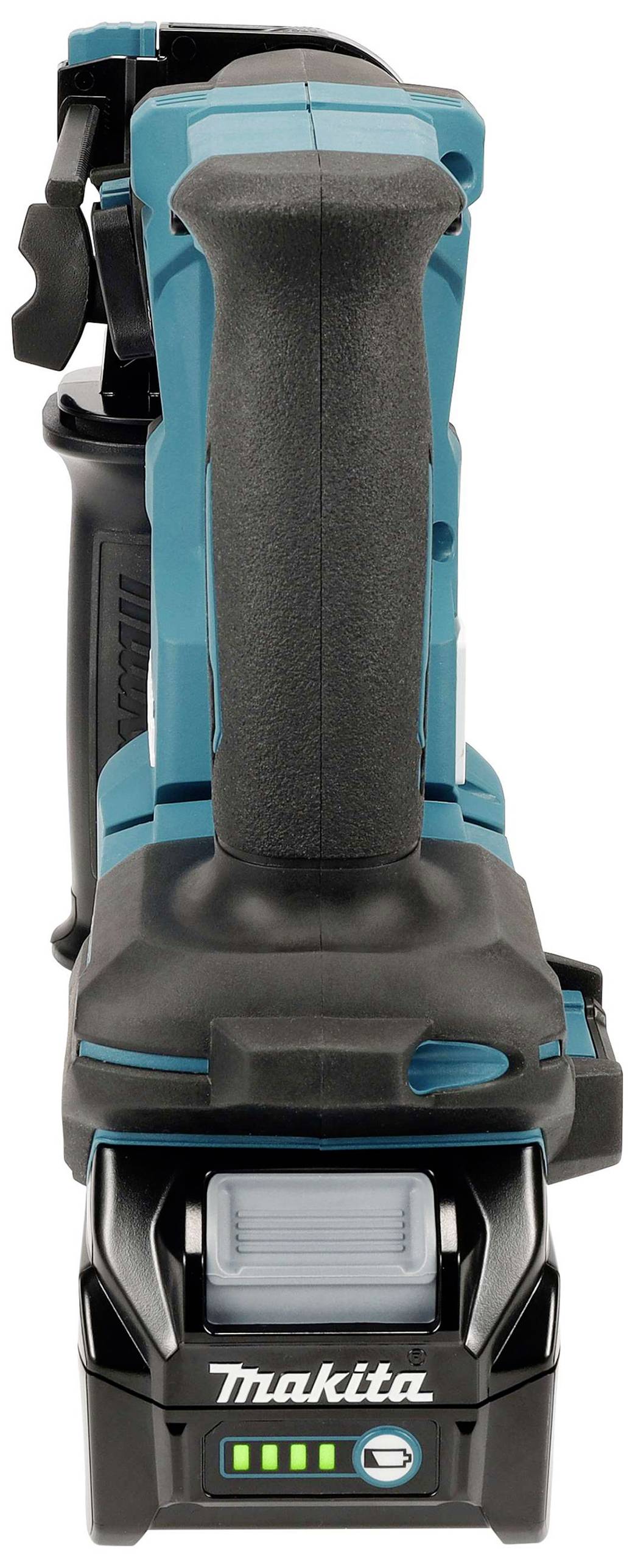 Cordless circular saw from the front view. The main colour is blue with black accents. Battery indicator at the bottom with green illuminated lights.