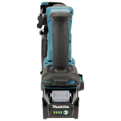 Cordless circular saw from the front view. The main colour is blue with black accents. Battery indicator at the bottom with green illuminated lights.