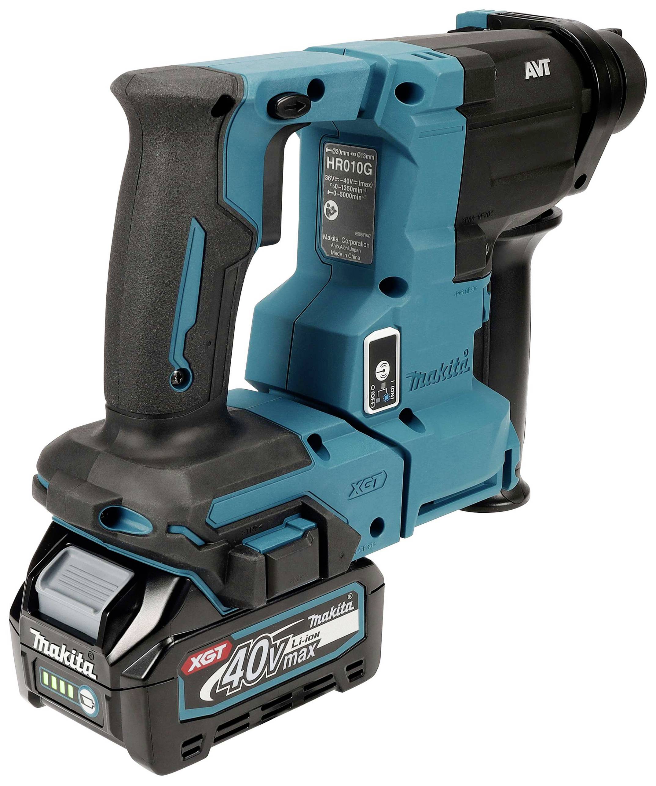 A navy blue and black cordless demolition hammer with a 40V lithium-ion battery, ergonomic handle, and compact design.