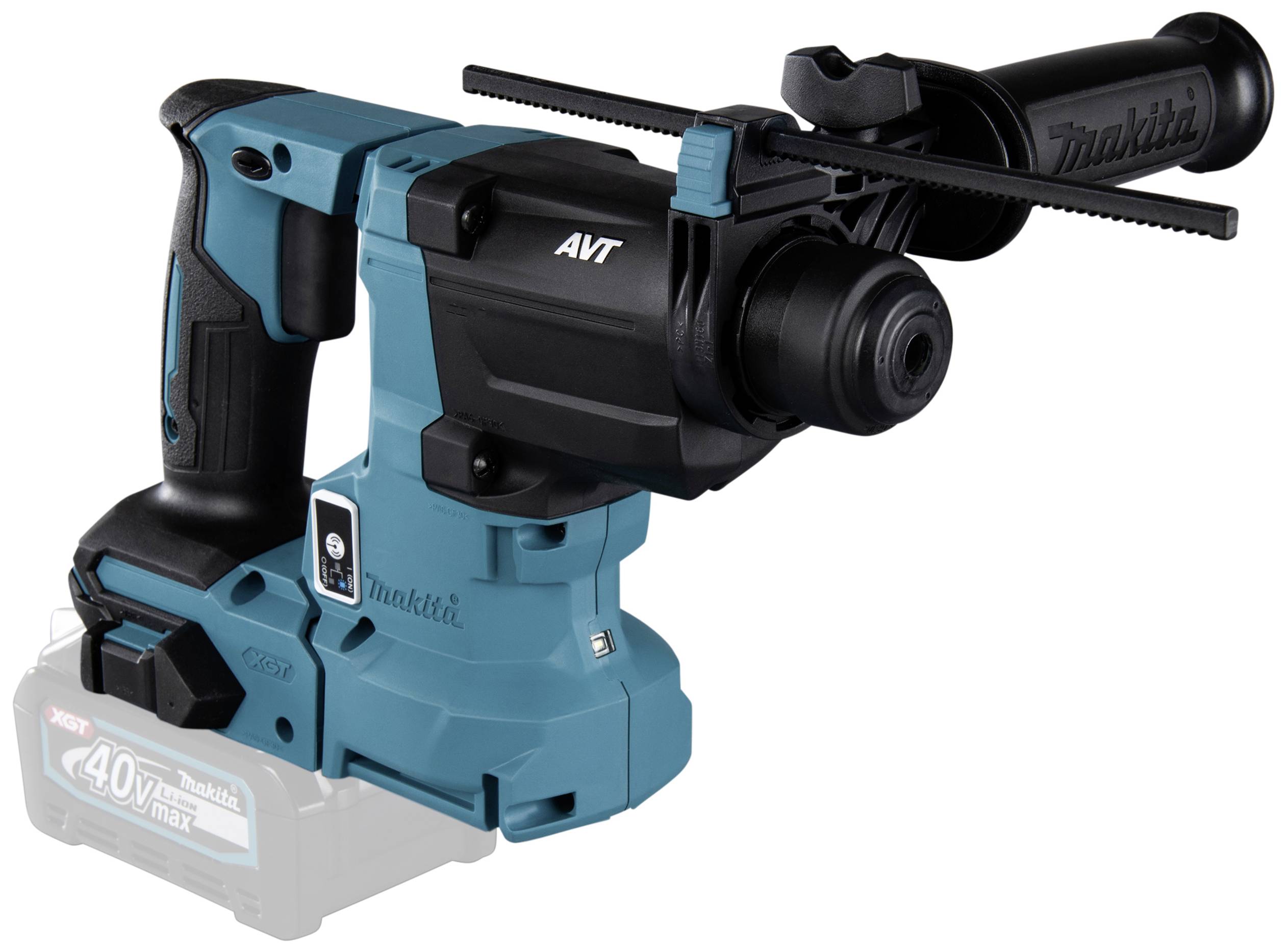 Cordless hammer drill with ergonomic handle and battery. Suitable for drilling and chiselling work in concrete and stone.