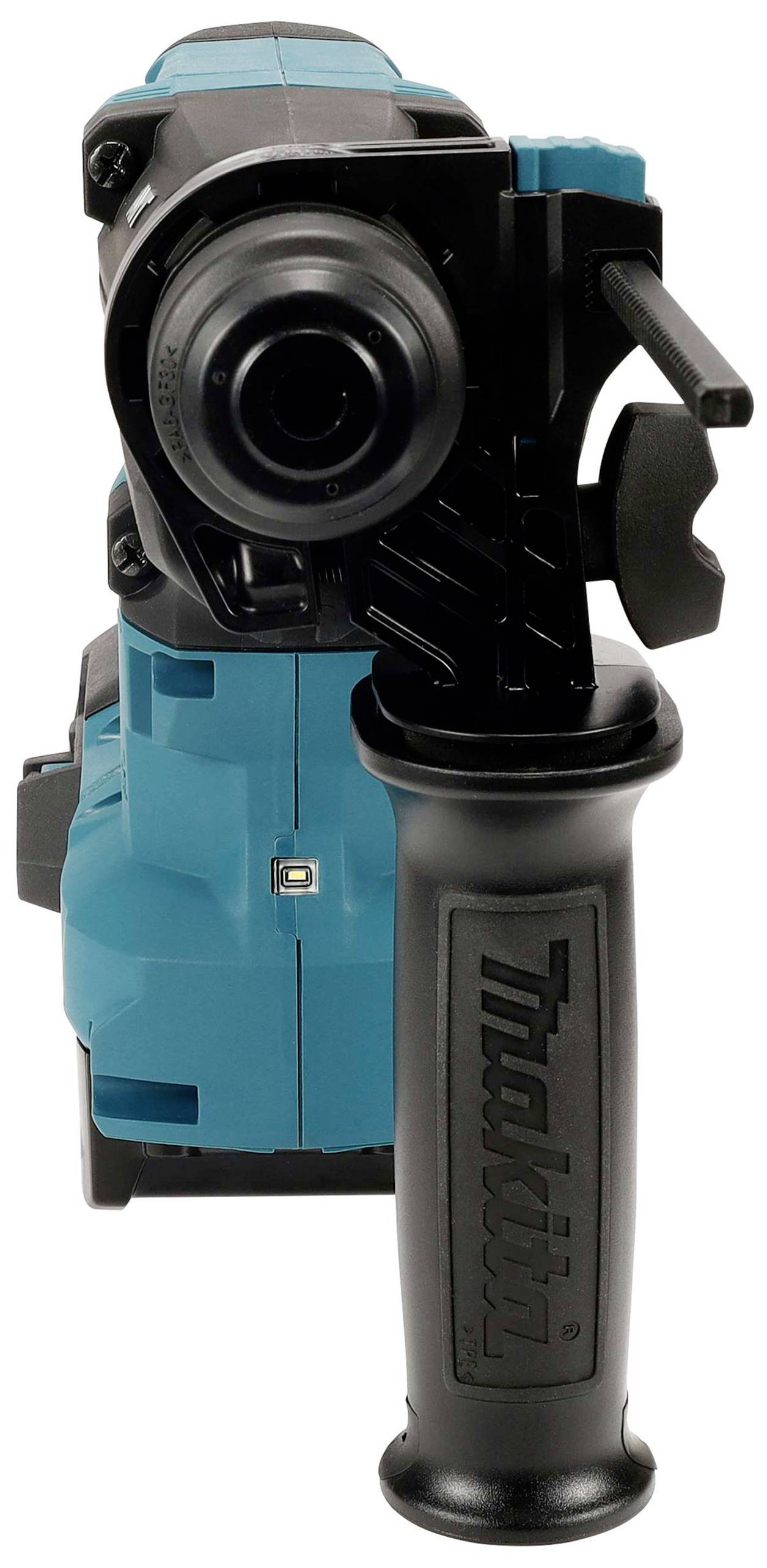 A blue hammer drill with a black handle, shown front-on. The handle bears the engraved brand mark.