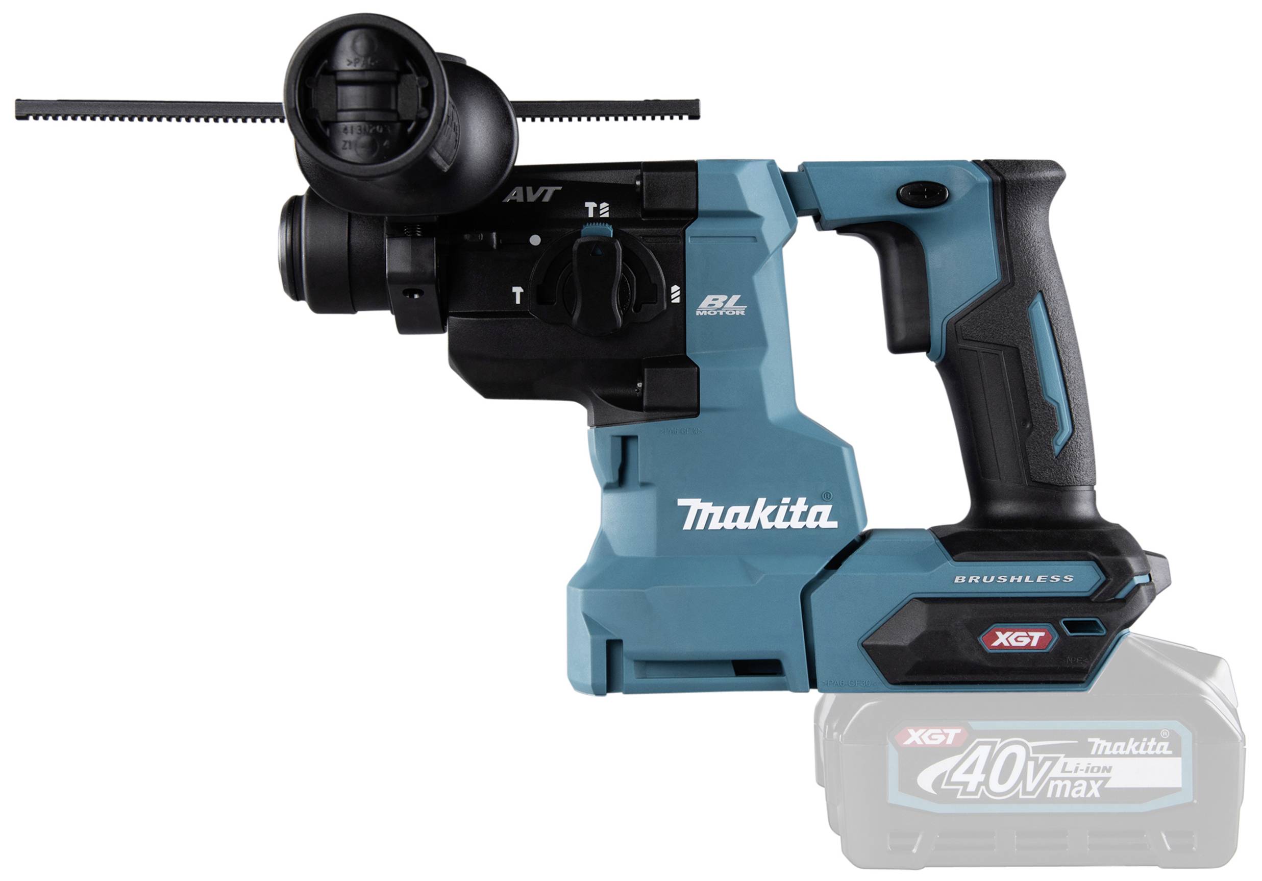 A cordless drill hammer in blue with a black handle and various settings. Model name 'Makita' and battery type 'XGT 40V max'.