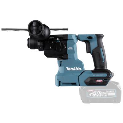 A cordless drill hammer in blue with a black handle and various settings. Model name 'Makita' and battery type 'XGT 40V max'.