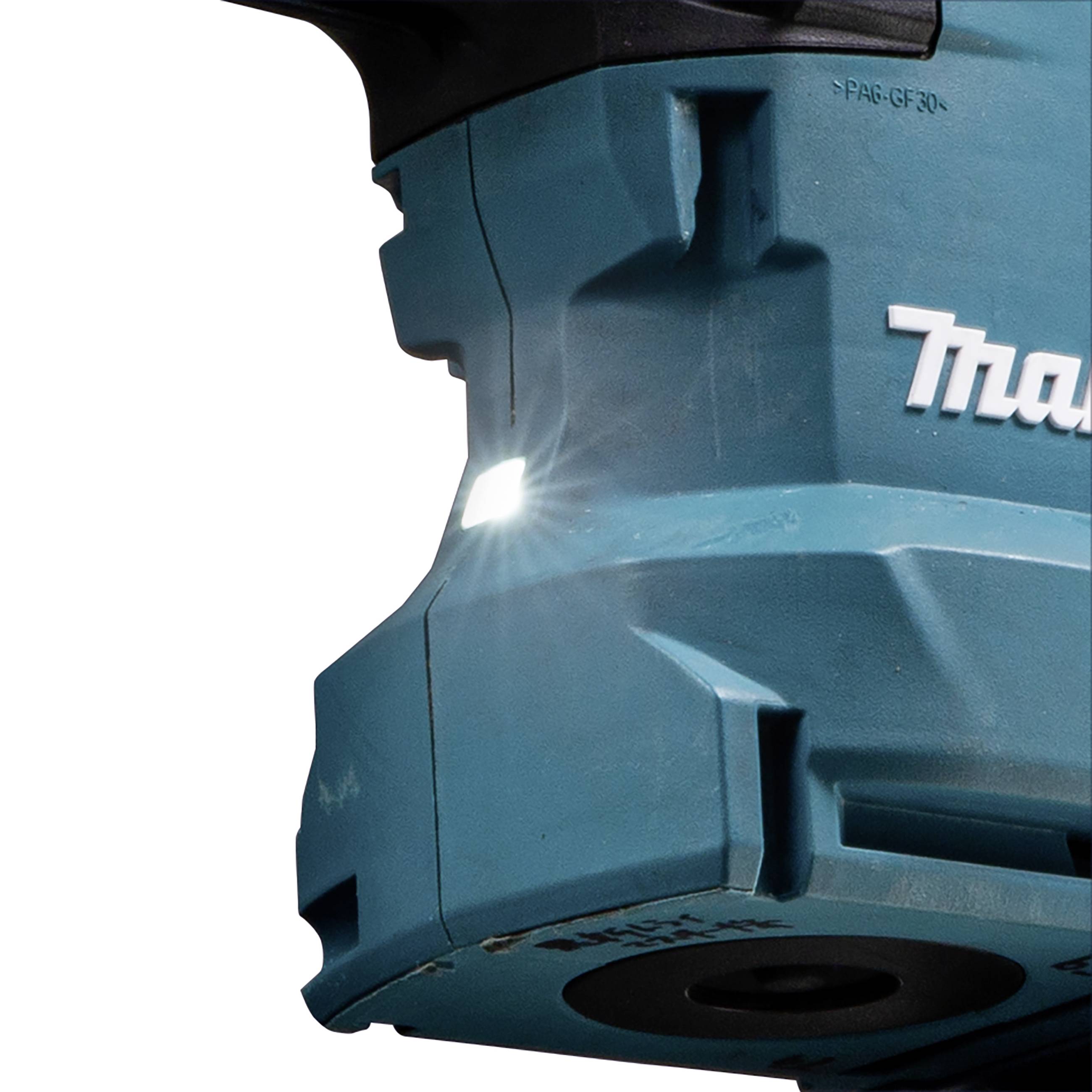 A blue electric power tool with a bright LED lamp on the side, which facilitates operation even in poor lighting conditions.