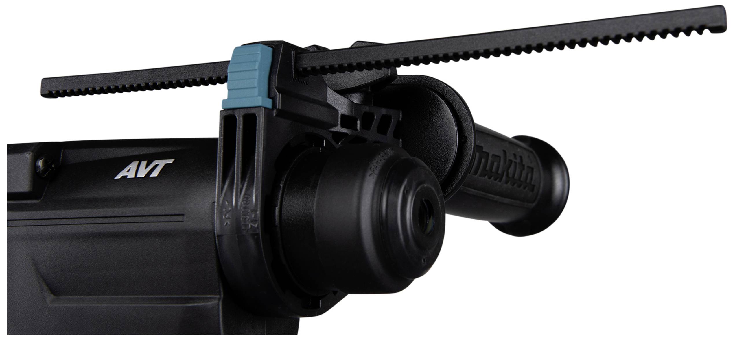 Drill with side handle and rack-and-pinion mechanism. Black housing with blue accents.