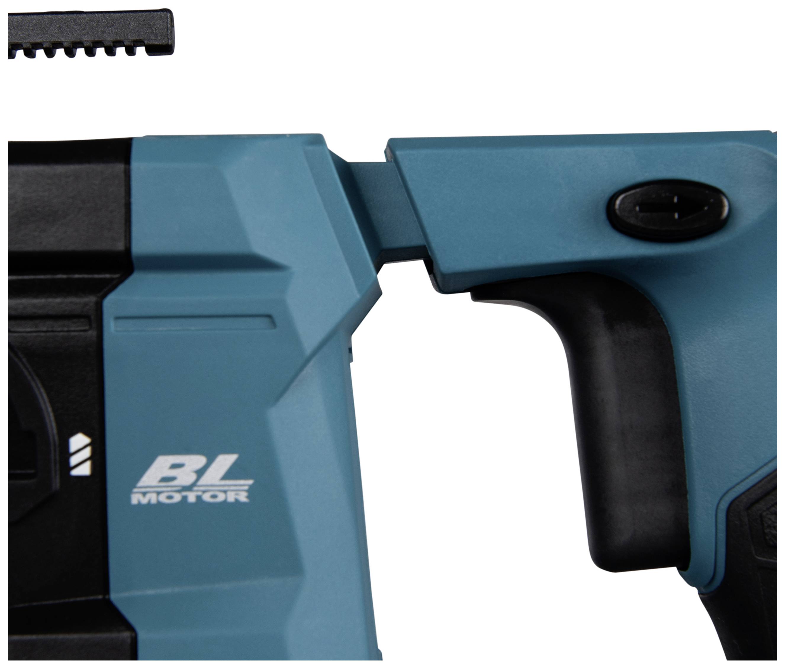 Close-up of a blue electric tool with a handle and switch on the right side, marked with 'BL Motor'.