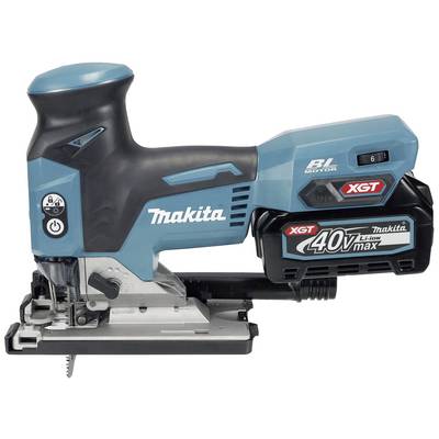 Electric power tool: A blue and black Makita jigsaw with a 40V battery and XGT technology, pictured from the side.