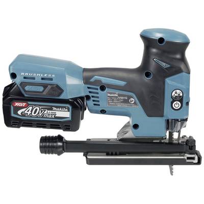 Makita cordless saw with 40V battery, blue and black, featuring a brushless motor, with side button for speed control.