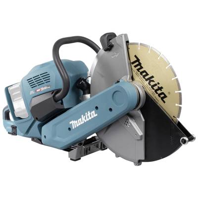 Portable blue cutting saw with large circular blade. The 'Makita' brand is visible on the housing and blade.