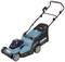 Electric lawnmower with a blue cover, four black wheels and a green grass collection bag. Ideal for small to medium-sized gardens.