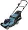 A blue and black lawnmower with a grass collection box and a handle for guiding. Brand name visible on the side.