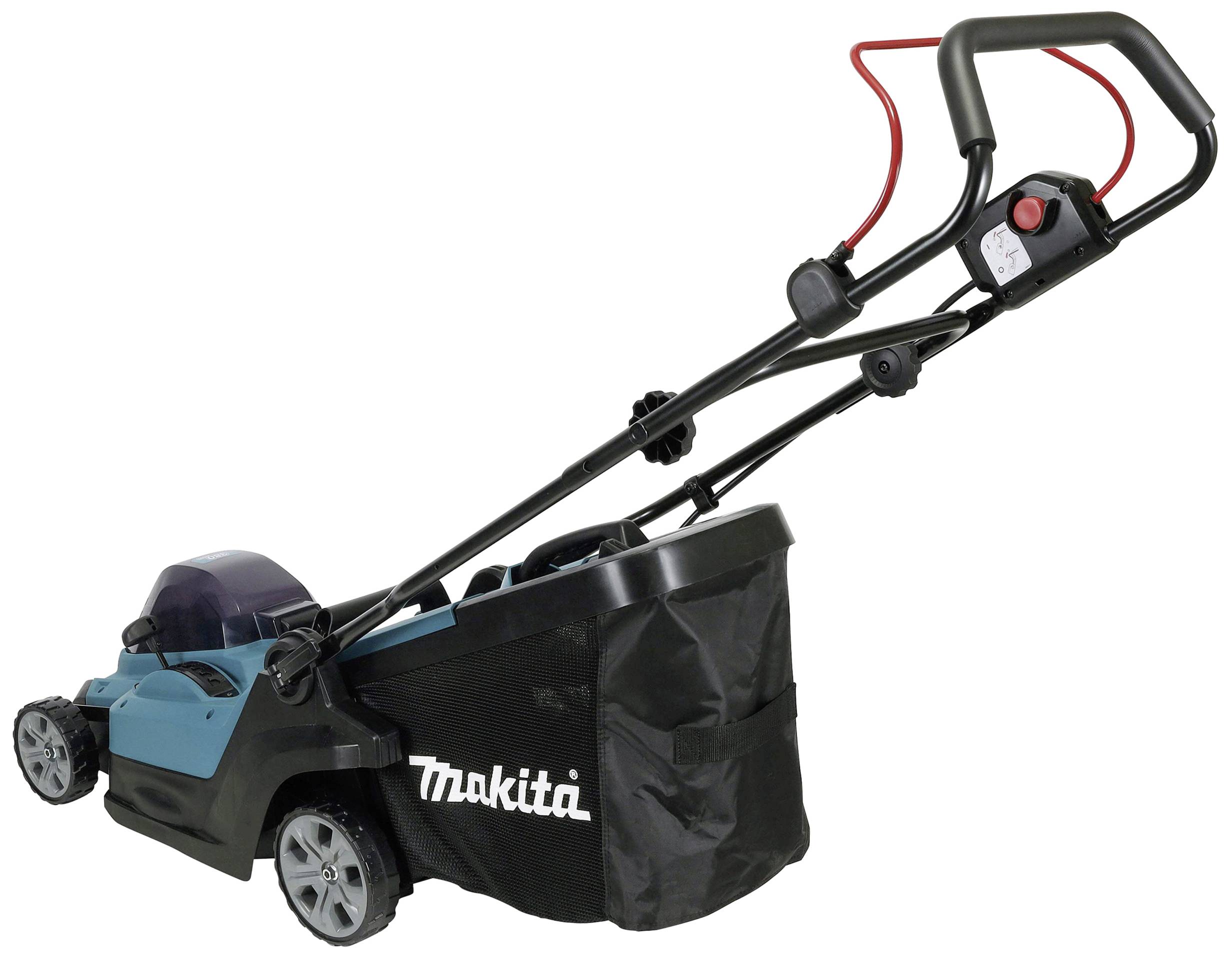 A Makita electric lawnmower with a black and blue casing and a grass collection bag, suitable for mowing small lawn areas.