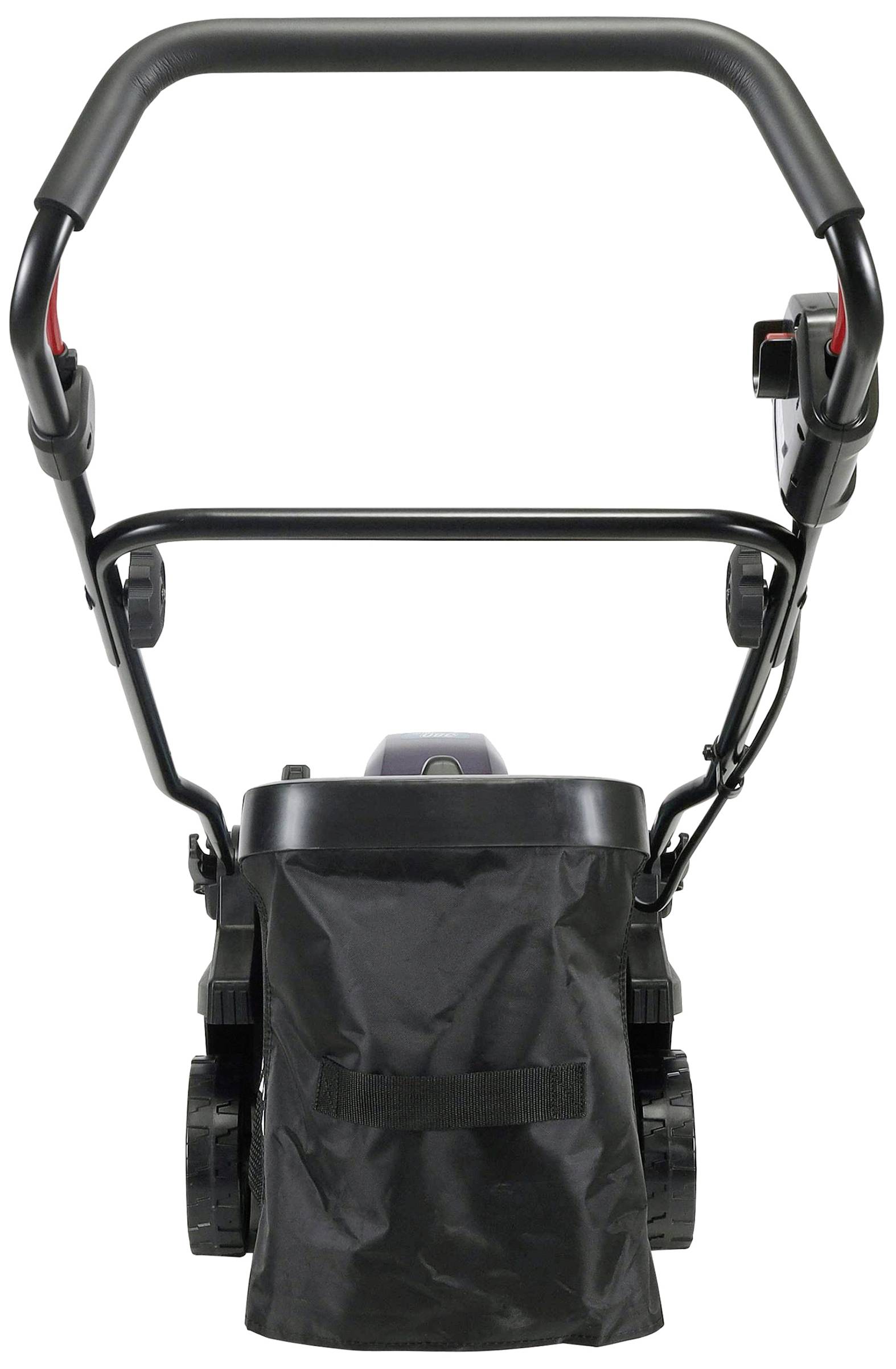 A black lawnmower photographed from behind. The handle is visible, and the grass collection bag is attached to the rear of the lawnmower.