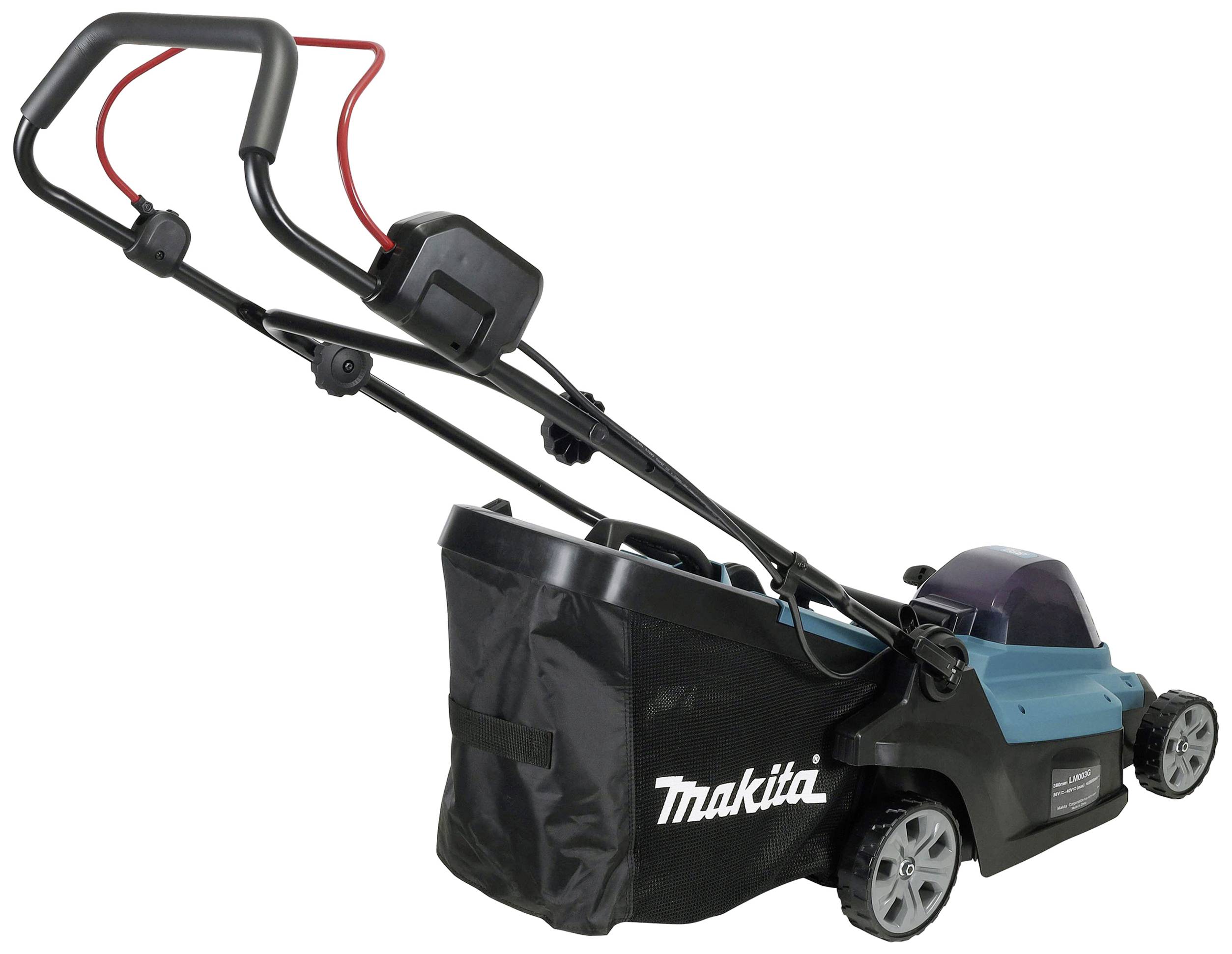 An electric lawn mower viewed from the side, with a black and blue casing, large grass collection box at the rear, and an ergonomic handle.