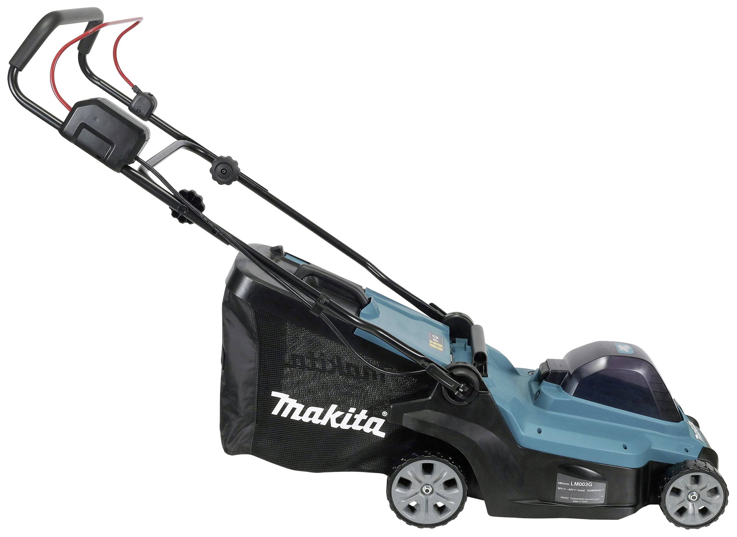 A turquoise-black lawnmower with a red handle and grass box. The brand name 'Makita' is visible on the grass box.
