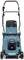 Makita lawn mower in blue and black, front view. Electric with handle and wheels for easy manoeuvrability.