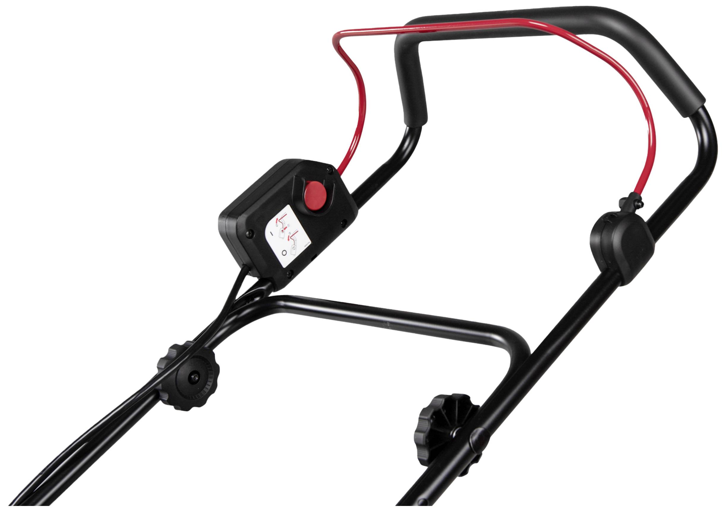 Handle of a black lawnmower with a red control element and cable, top-down view.