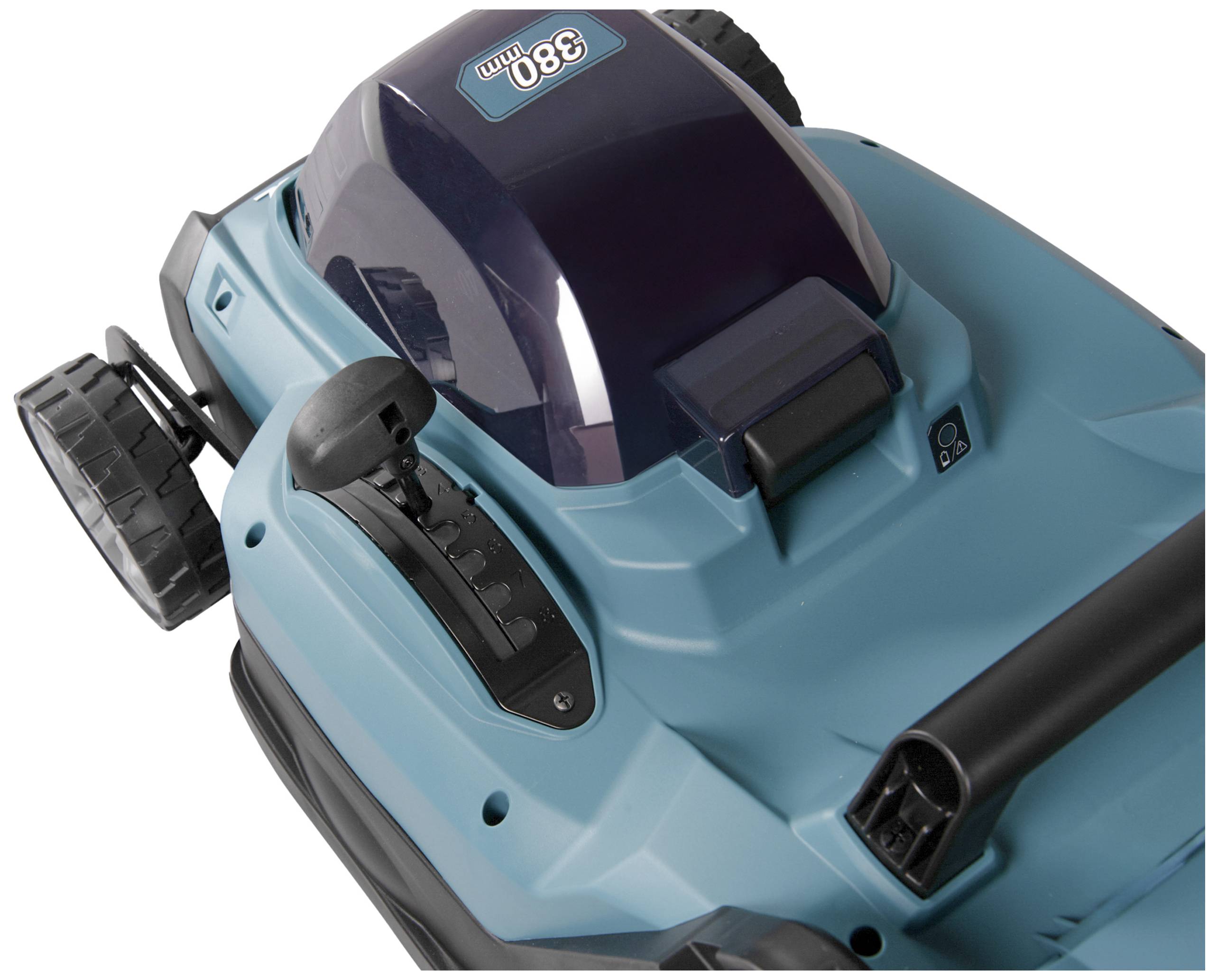 A blue lawnmower with a navy blue casing and black wheels, close-up of the upper section showing controls and display.