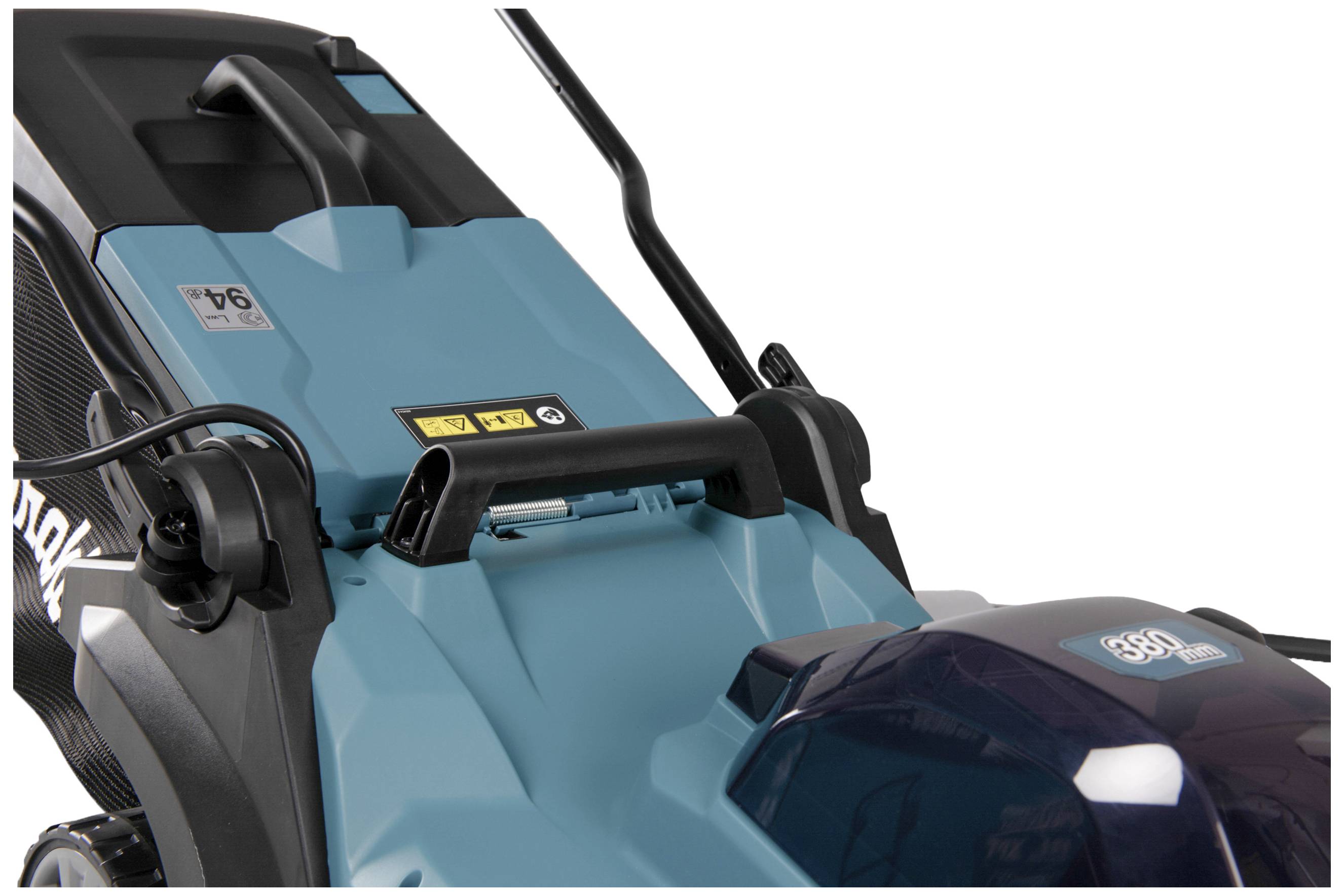 A blue, electric lawnmower with black handles and yellow warning labels.