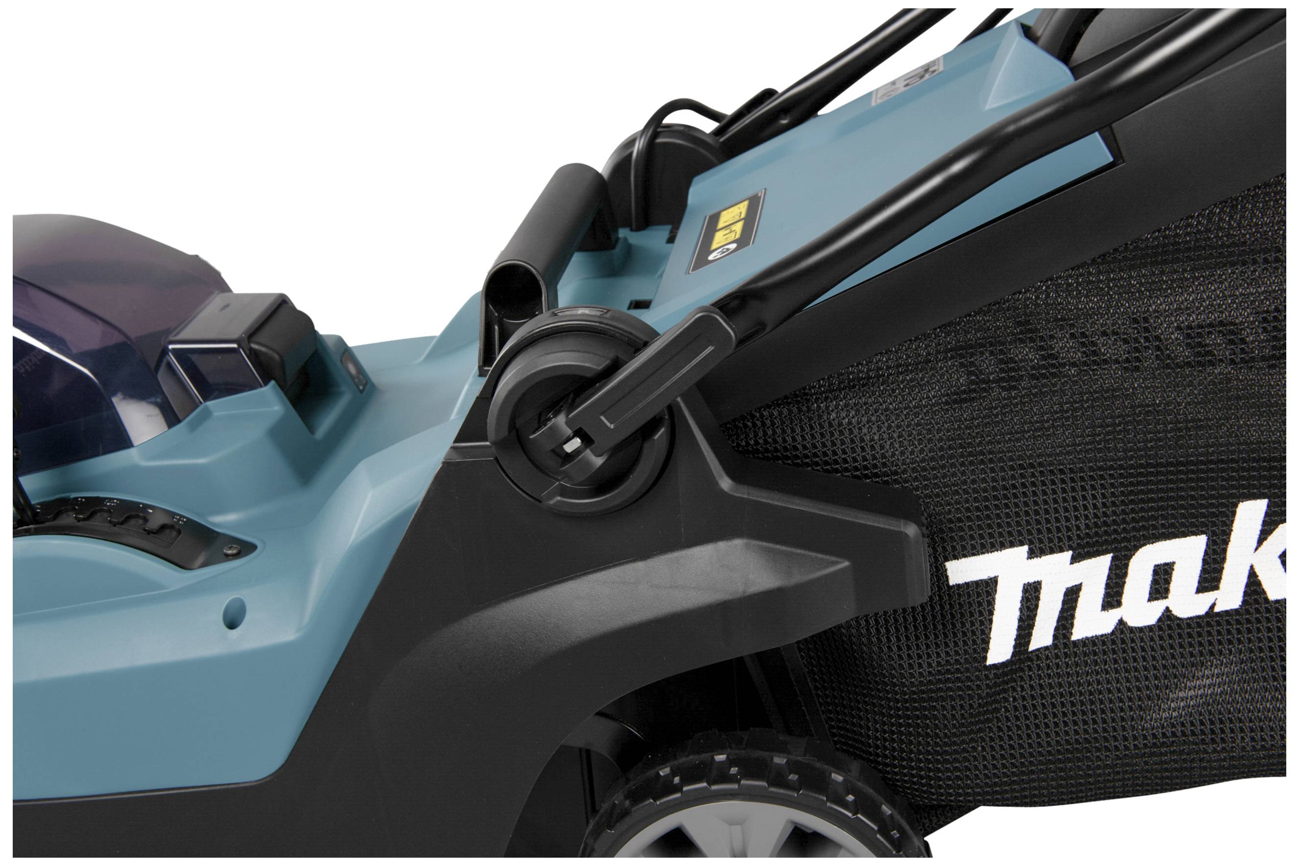 An electric lawnmower with a grass-green casing and a prominent black grass collection box. Brand name visible on the box.