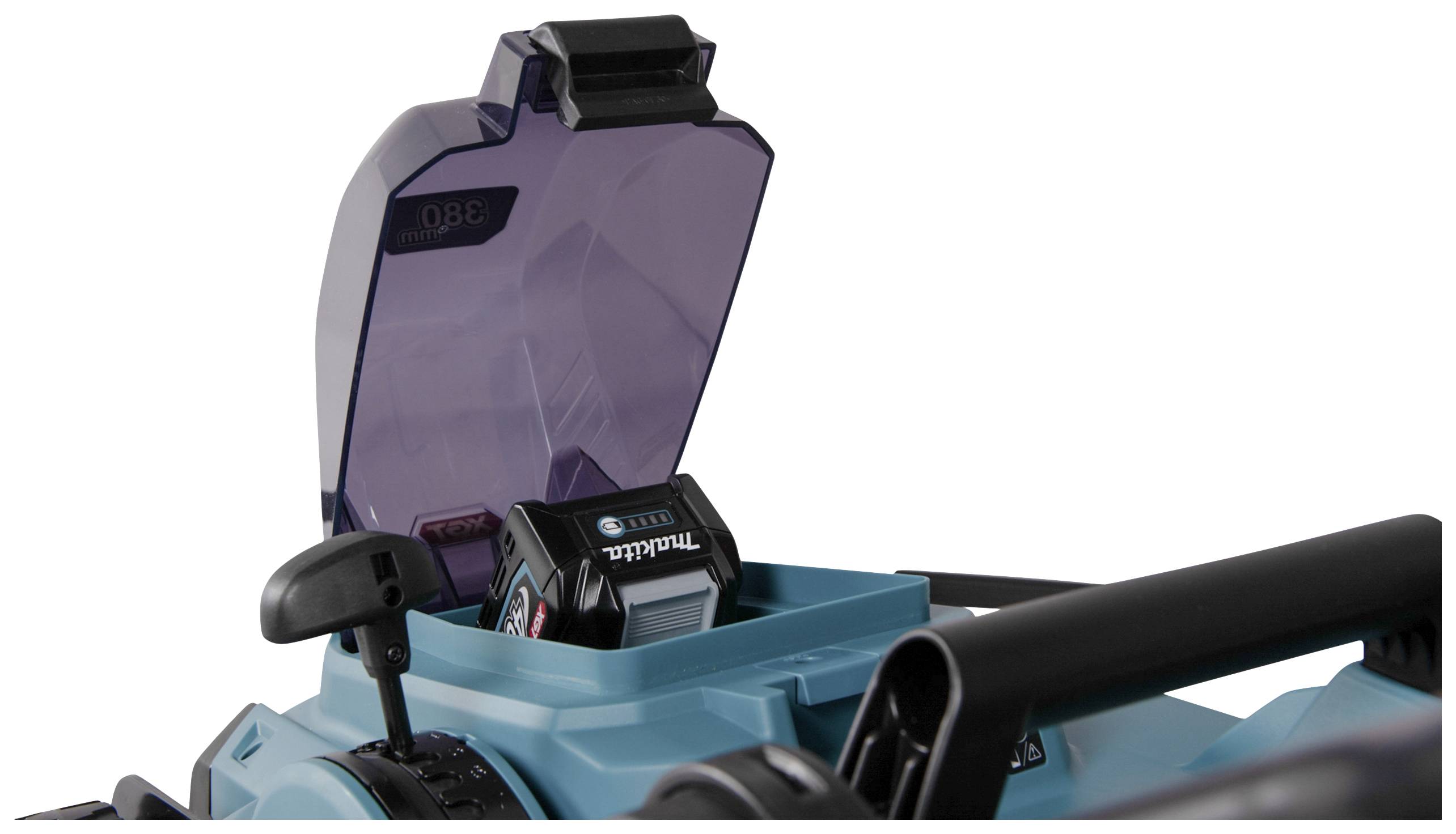 A tool with an open compartment where a Makita battery is inserted.