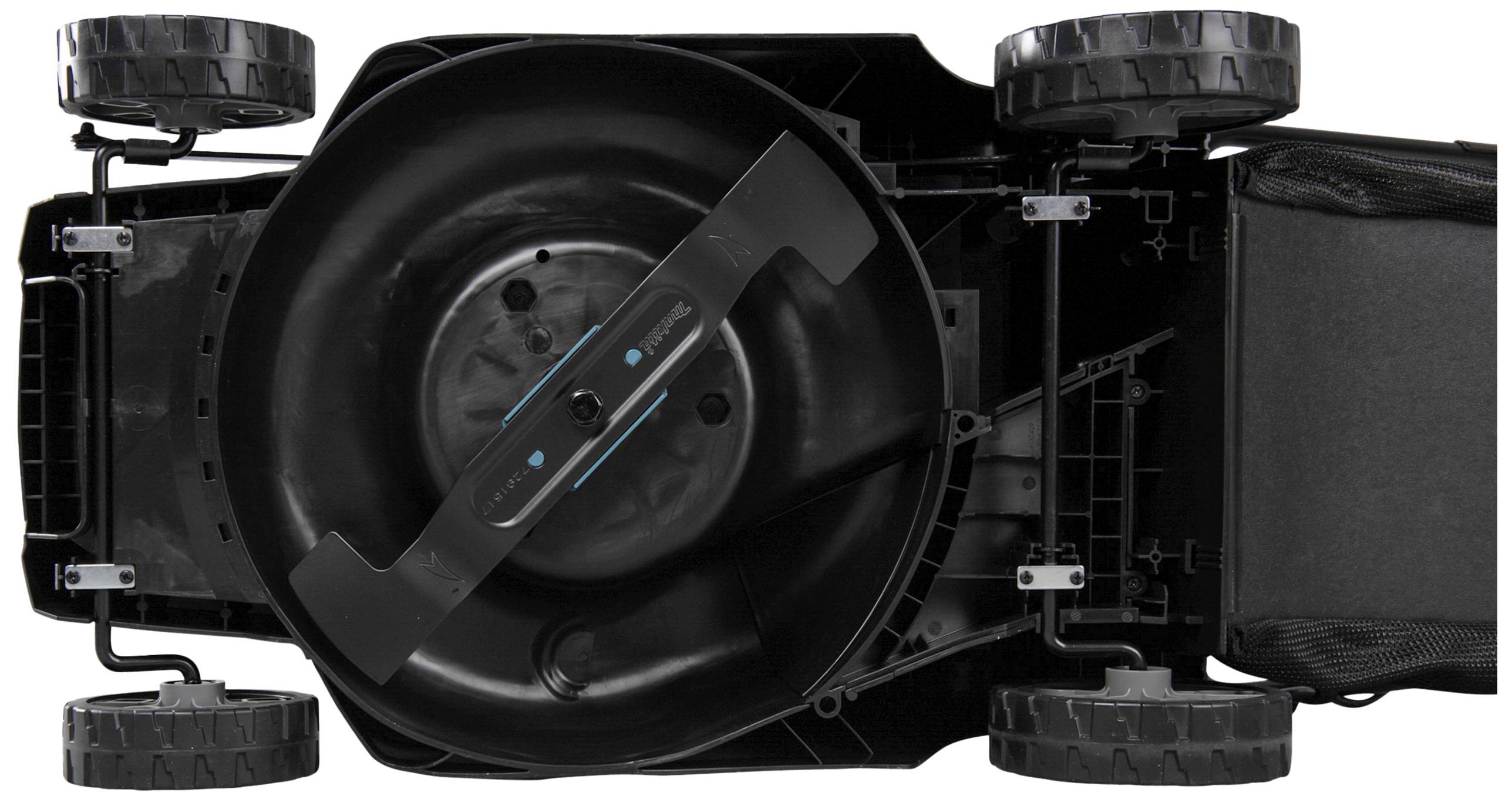 Lawnmower viewed from underneath, showing the cutting mechanism with two wheels on the left and right, centrally mounted blade, housing in black.