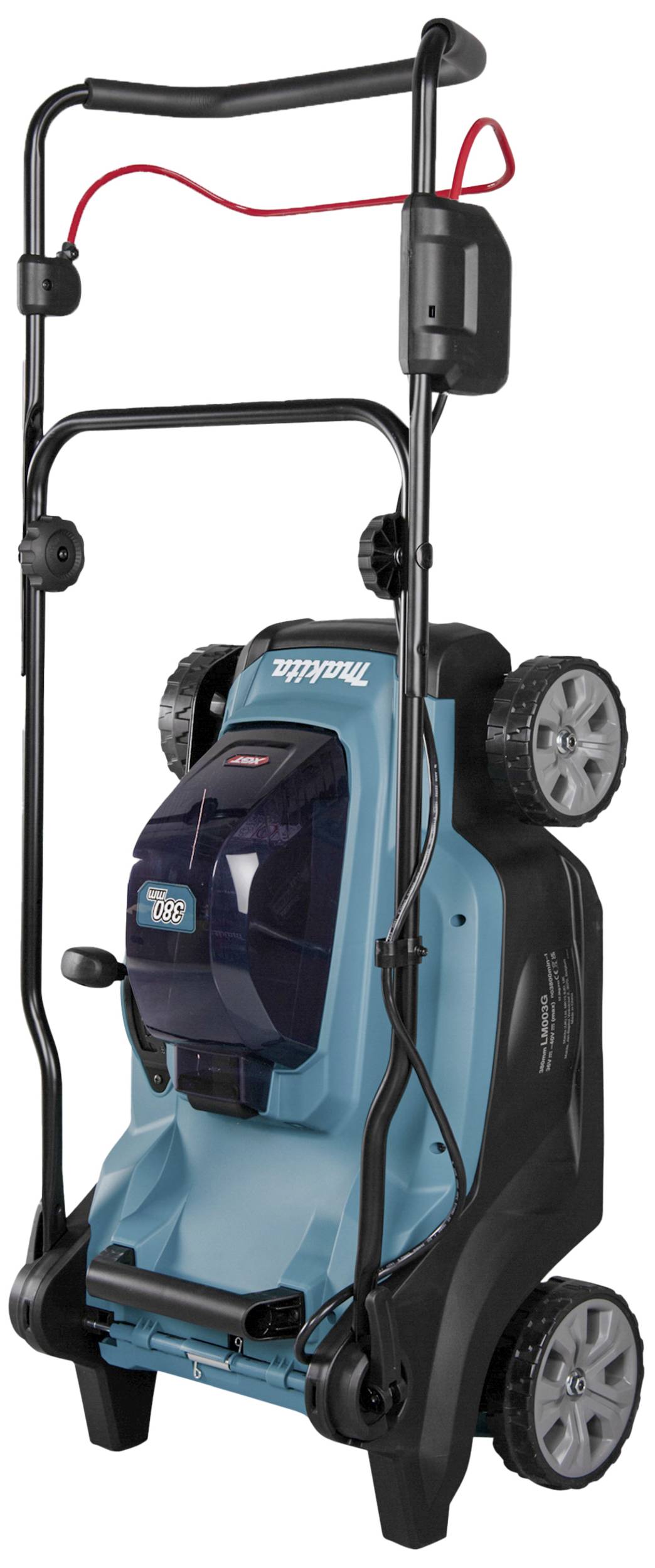 Lawnmower in a vibrant blue colour with large black wheels and handle, suitable for use in home gardens.