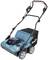 A blue lawn scarifier with a black collection container, suitable for moss removal and aeration of lawn areas.