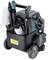 Pressure washer with black wheels, blue casing, and a detachable handle. Accessories such as brush and nozzles are integrated.