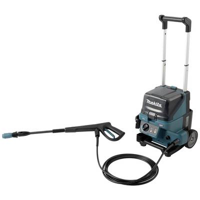 Battery-powered pressure washer with telescopic handle, two wheels and long hose, suitable for mobile cleaning tasks.