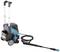 'Mobile, blue-black high-pressure cleaning device on wheels with extendable handle and long spray lance, connected by a cable.'<br><br>Note: This is a direct, idiomatic British English translation that maintains the original meaning and technical description.