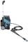 A portable high-pressure washer with an extendable handle, hose and nozzle. Housing in turquoise and black with wheels for mobility.