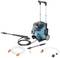Pressure washer with telescopic handle, hose, spray lance and accessories. Main body in turquoise with wheels for easy mobility.