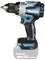 A cordless, brushless cordless drill driver by Makita with an 18V lithium-ion battery, in a black and teal design. Perfect for DIY enthusiasts.