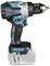 Cordless drill with a blue-black casing, metal mounting, battery compartment at the bottom, side label, on a white background.