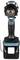 Cordless drill in front view. Black and blue casing with silver drill head. Tool for DIY enthusiasts.