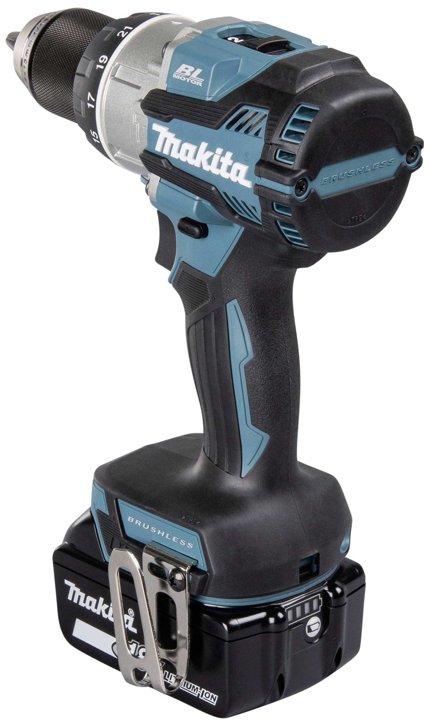 A blue, cordless drill driver by Makita with a battery on its base. Suitable for construction and DIY projects.