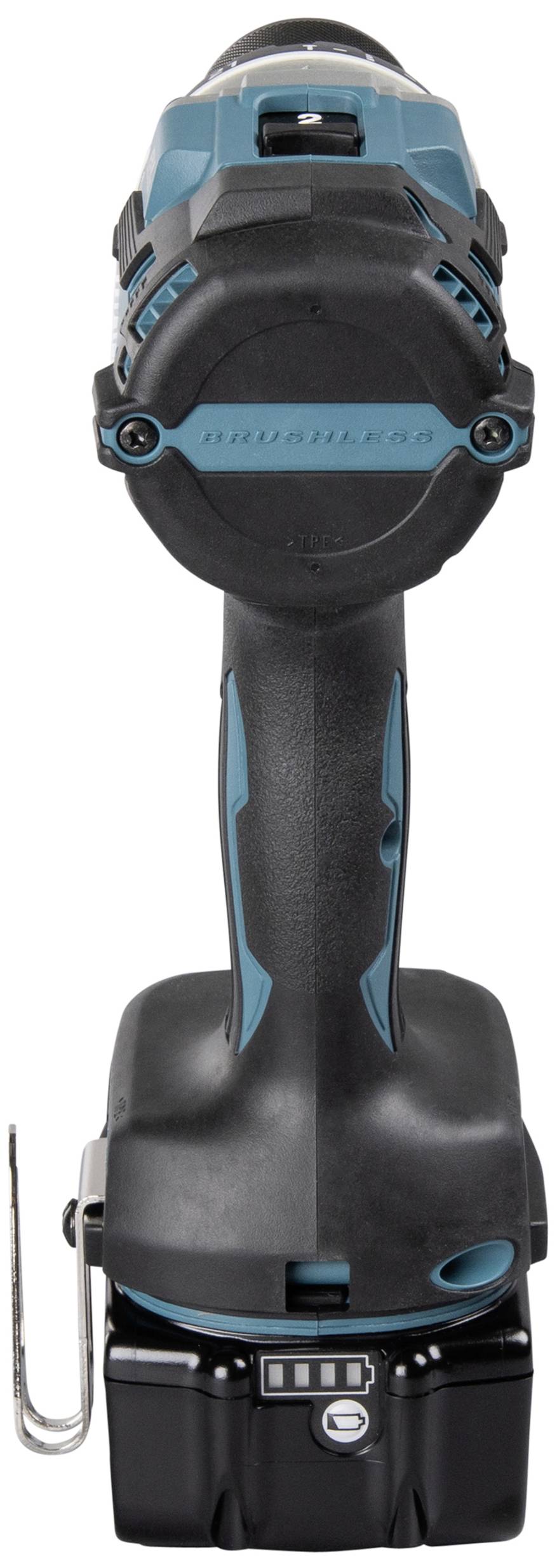 Cordless drill in blue-black design, rear view. Battery located at the bottom, holder visible on the left.